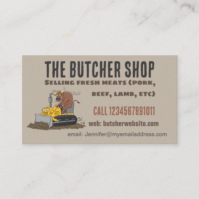 Funny bull driving bulldozer cartoon business card (Front)