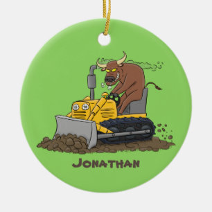 Funny bull driving bulldozer cartoon ceramic tree decoration