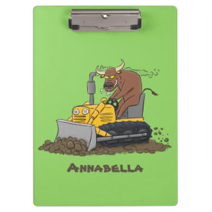 Funny bull driving bulldozer cartoon clipboard