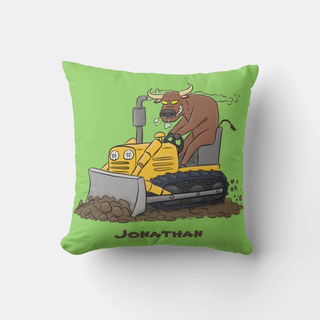 Funny bull driving bulldozer cartoon cushion (Front)