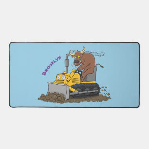 Funny bull driving bulldozer cartoon desk mat