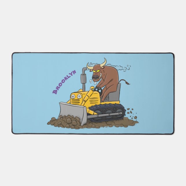 Funny bull driving bulldozer cartoon desk mat (Front)