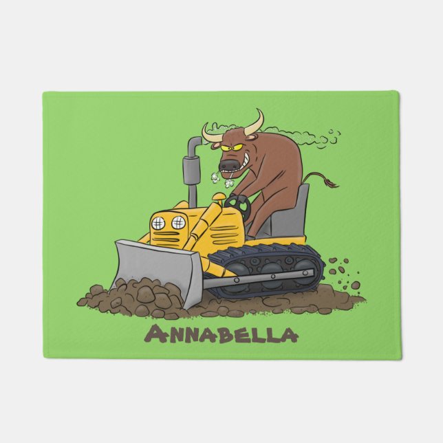 Funny bull driving bulldozer cartoon doormat (Front)