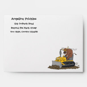 Funny bull driving bulldozer cartoon envelope