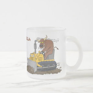 Funny bull driving bulldozer cartoon frosted glass coffee mug