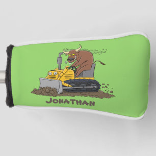 Funny bull driving bulldozer cartoon golf head cover