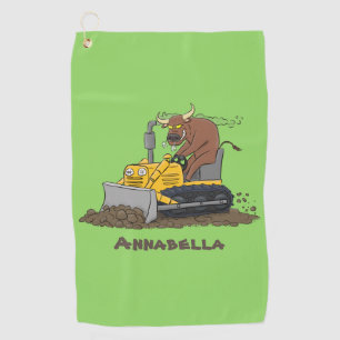 Funny bull driving bulldozer cartoon golf towel