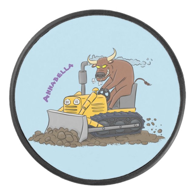Funny bull driving bulldozer cartoon hockey puck (Front)