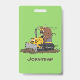 Funny bull driving bulldozer cartoon ID badge