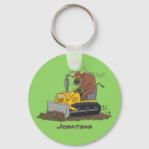 Funny bull driving bulldozer cartoon key ring
