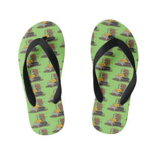 Funny bull driving bulldozer cartoon kid's flip flops