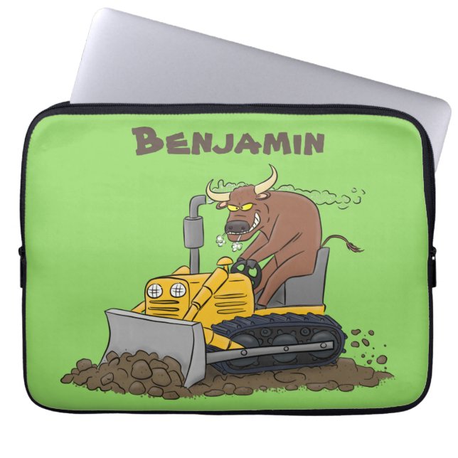 Funny bull driving bulldozer cartoon laptop sleeve (Front)