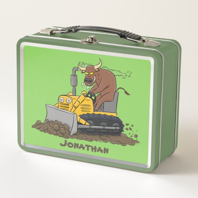Funny bull driving bulldozer cartoon metal lunch box (Front)