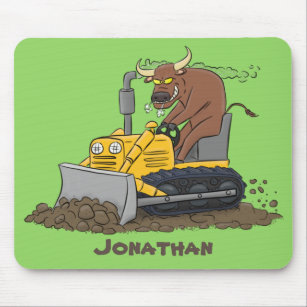 Funny bull driving bulldozer cartoon mouse mat
