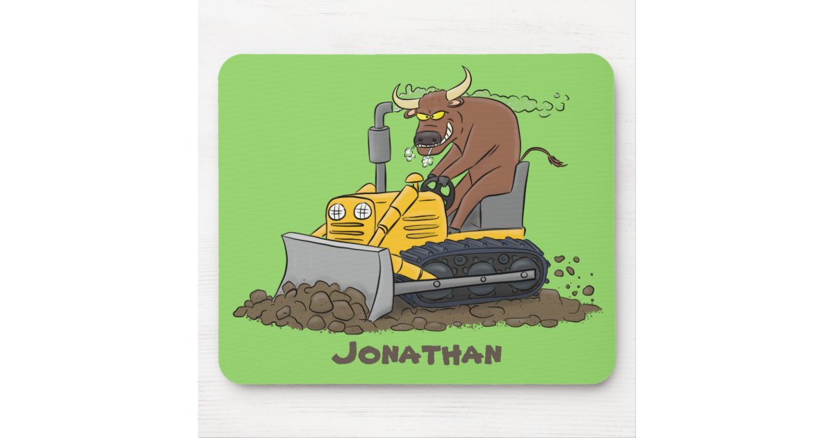 Funny bull driving bulldozer cartoon mouse mat | Zazzle