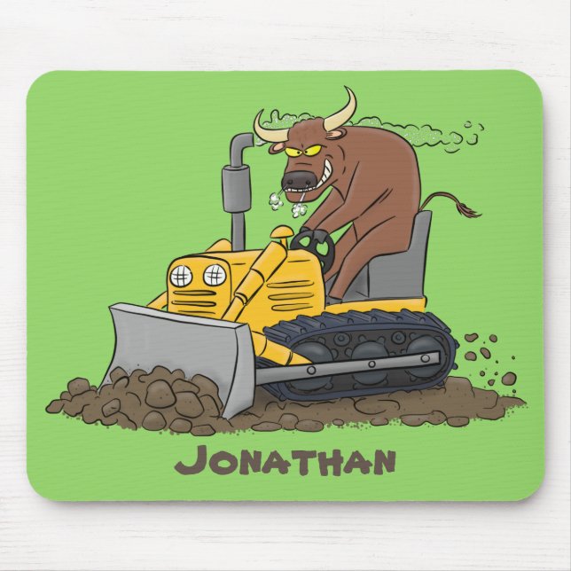 Funny bull driving bulldozer cartoon mouse mat (Front)