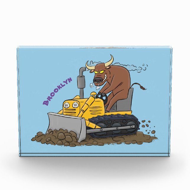 Funny bull driving bulldozer cartoon photo block (Front)