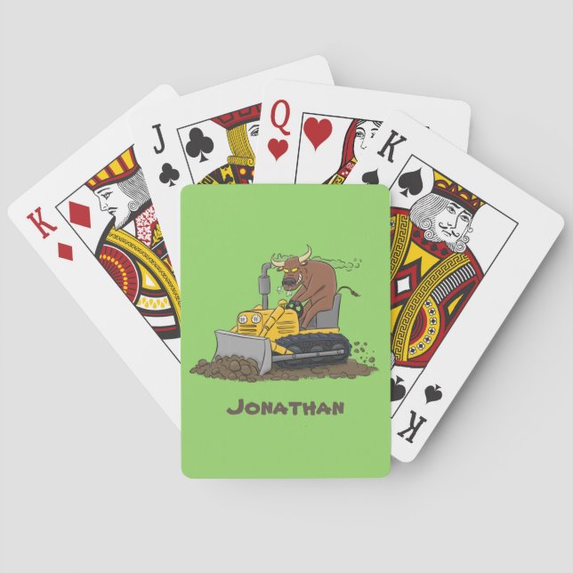 Funny bull driving bulldozer cartoon playing cards (Back)