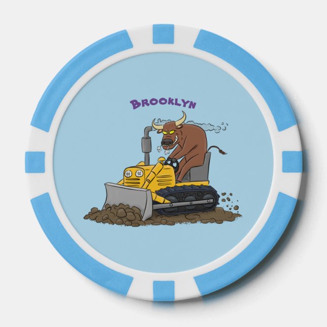 Funny bull driving bulldozer cartoon poker chips (Front)