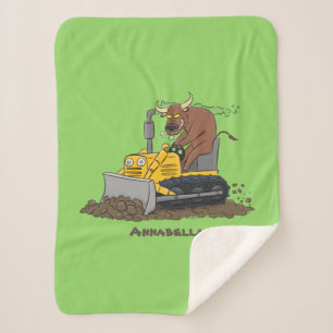 Funny bull driving bulldozer cartoon  sherpa blanket