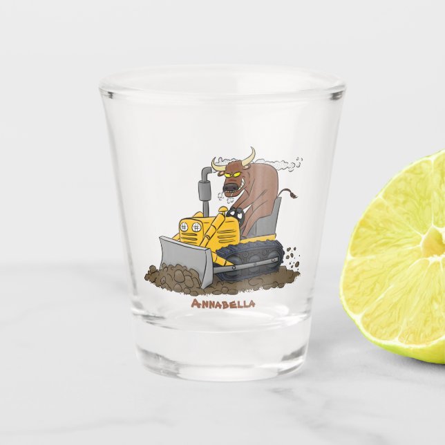 Funny bull driving bulldozer cartoon shot glass (Front)
