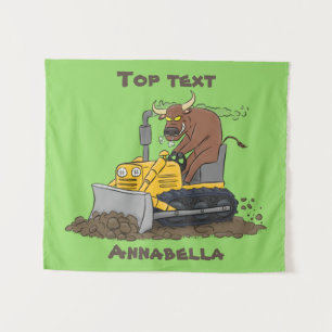 Funny bull driving bulldozer cartoon tapestry