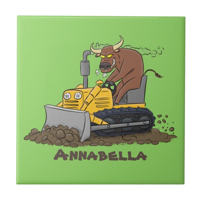 Funny bull driving bulldozer cartoon tile (Front)