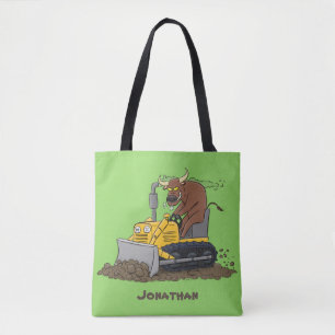 Funny bull driving bulldozer cartoon tote bag