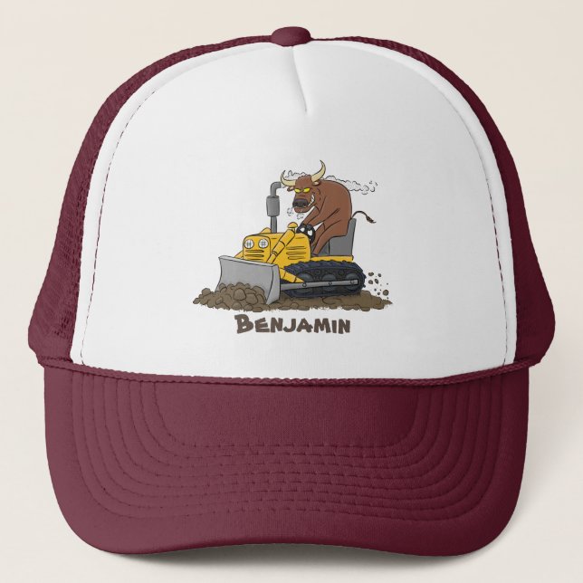 Funny bull driving bulldozer cartoon trucker hat (Front)