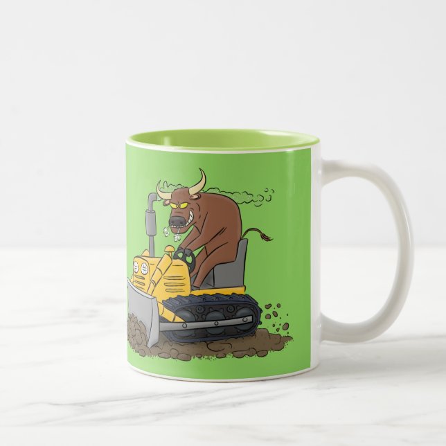 Funny bull driving bulldozer cartoon Two-Tone coffee mug (Right)