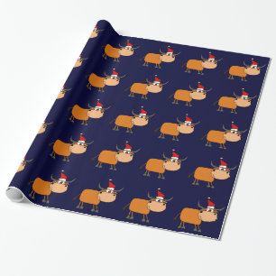 Funny Bull in Santa Hat Christmas Design Wrapping Paper