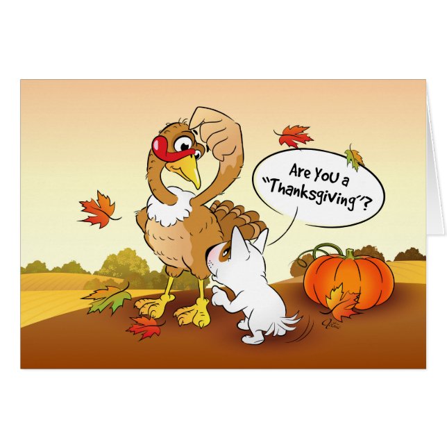 Funny Bull Terrier Cartoon Thanksgiving Card (Front Horizontal)