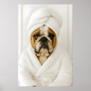 Funny Bulldog Bathroom Print, Bulldog In Bathrobe Poster