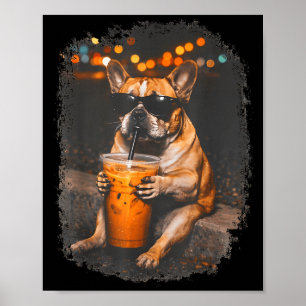 Funny bulldog drinking iced coffee animal meme poster