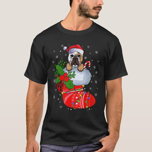 Funny Bulldog In Christmas Socks Lights Xmas  for  T-Shirt (Front)