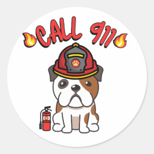 Funny bulldog is a firefighter  classic round sticker