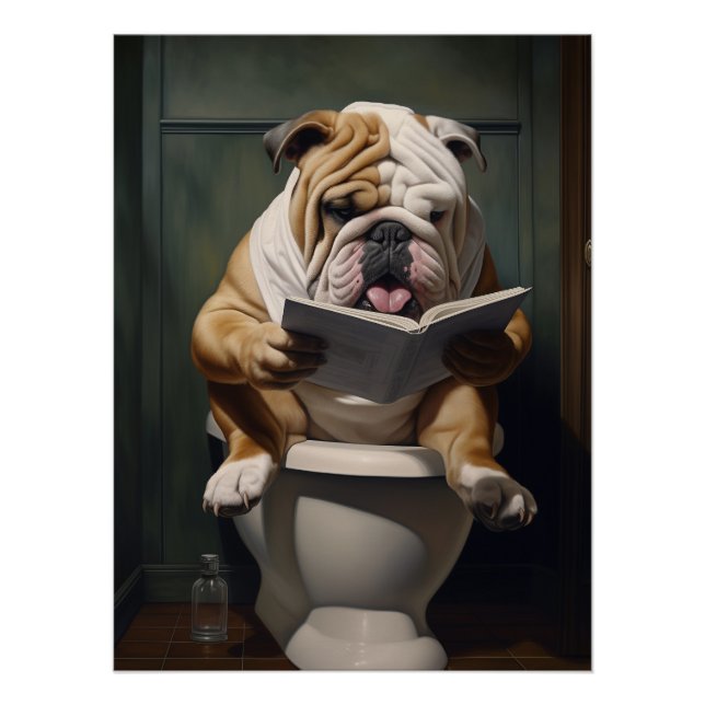 Funny Bulldog Reading on Toilet Bathroom Poster (Front)