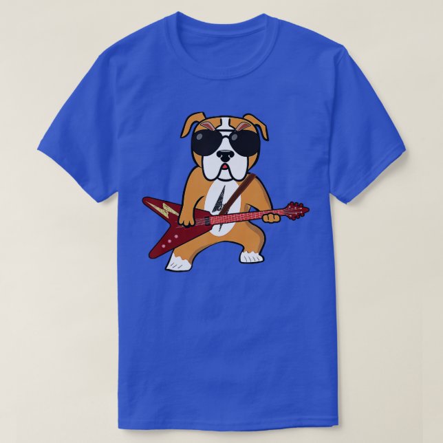 Funny Bulldog Rocker Dog Playing Guitar Rock Guita T-Shirt (Design Front)