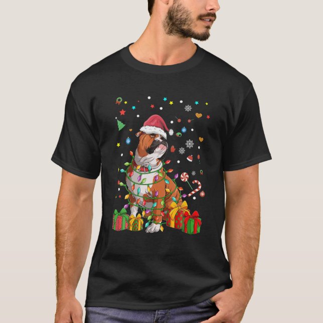 Funny Bulldog Tree Christmas Lights Xmas Pajama Ma T-Shirt (Front)