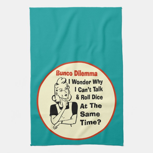 Funny Bunco Dilemma With Retro Woman Tea Towel (Vertical)