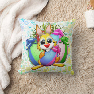 Funny Bunny biting an Easter Egg Cushion