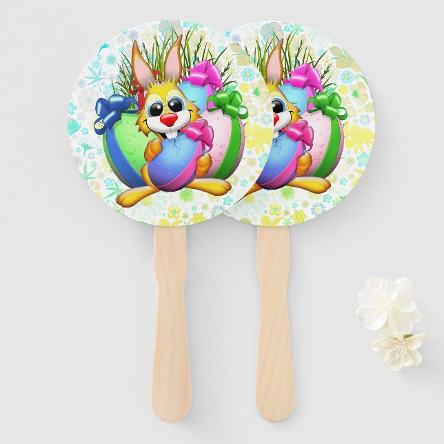 Funny Bunny biting an Easter Egg Hand Fan (Front and Back)