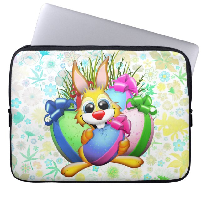 Funny Bunny biting an Easter Egg Laptop Sleeve (Front)