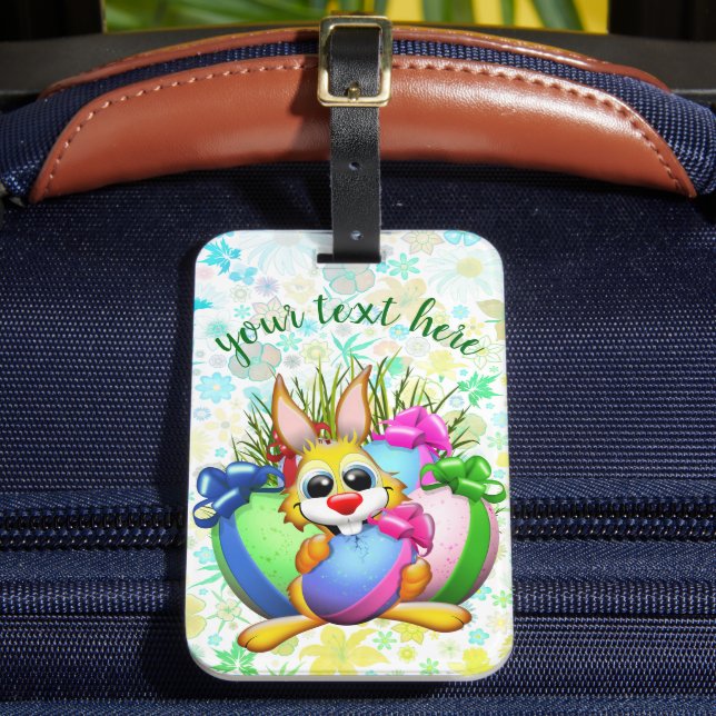 Funny Bunny biting an Easter Egg Luggage Tag (Front Insitu 2)