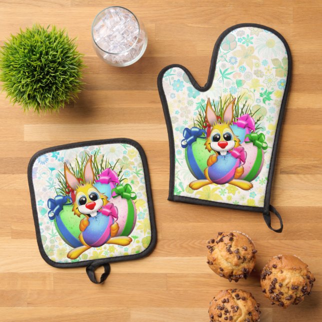 Funny Bunny biting an Easter Egg Oven Mitt & Pot Holder Set (Top Down)