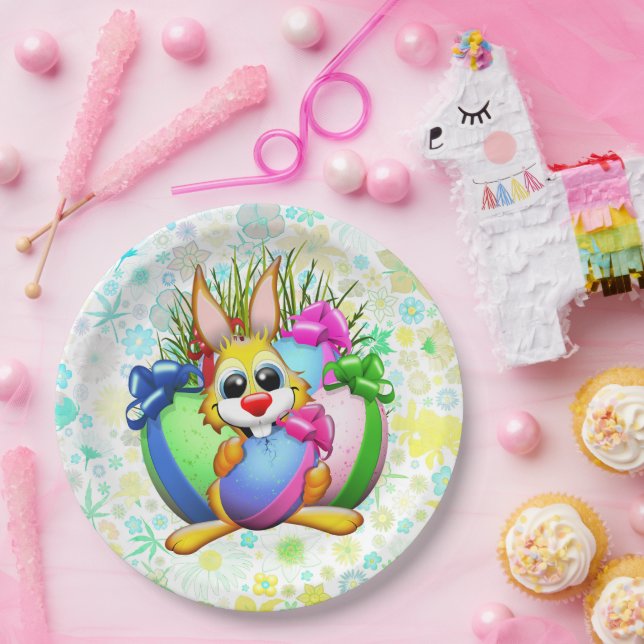 Funny Bunny biting an Easter Egg Paper Plate (Party)