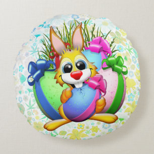 Funny Bunny biting an Easter Egg Round Cushion
