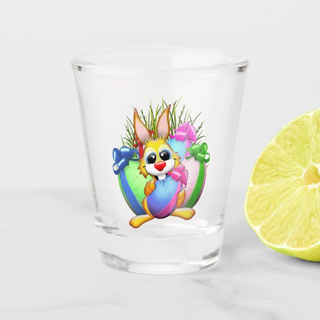 Funny Bunny biting an Easter Egg Shot Glass (Front)
