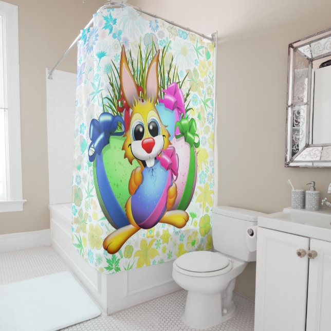 Funny Bunny biting an Easter Egg Shower Curtain (In Situ)