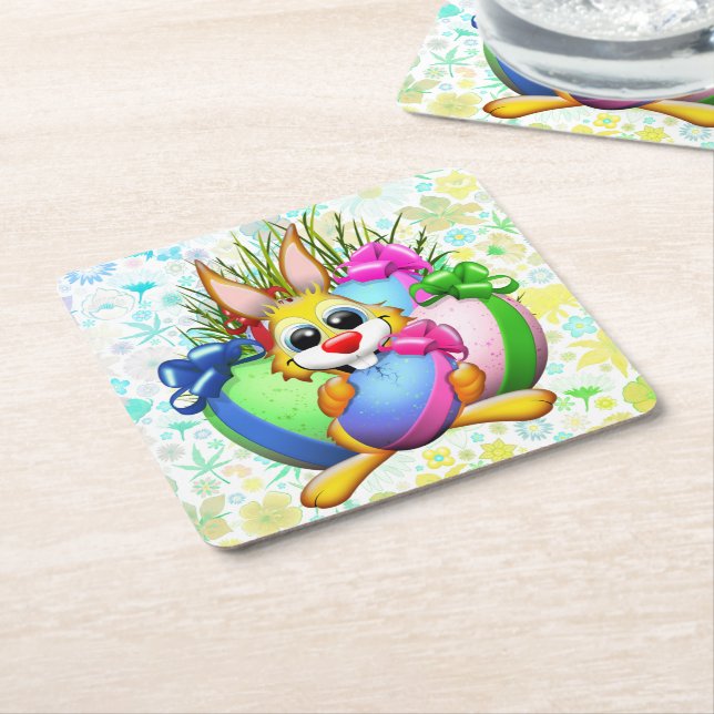 Funny Bunny biting an Easter Egg Square Paper Coaster (Angled)